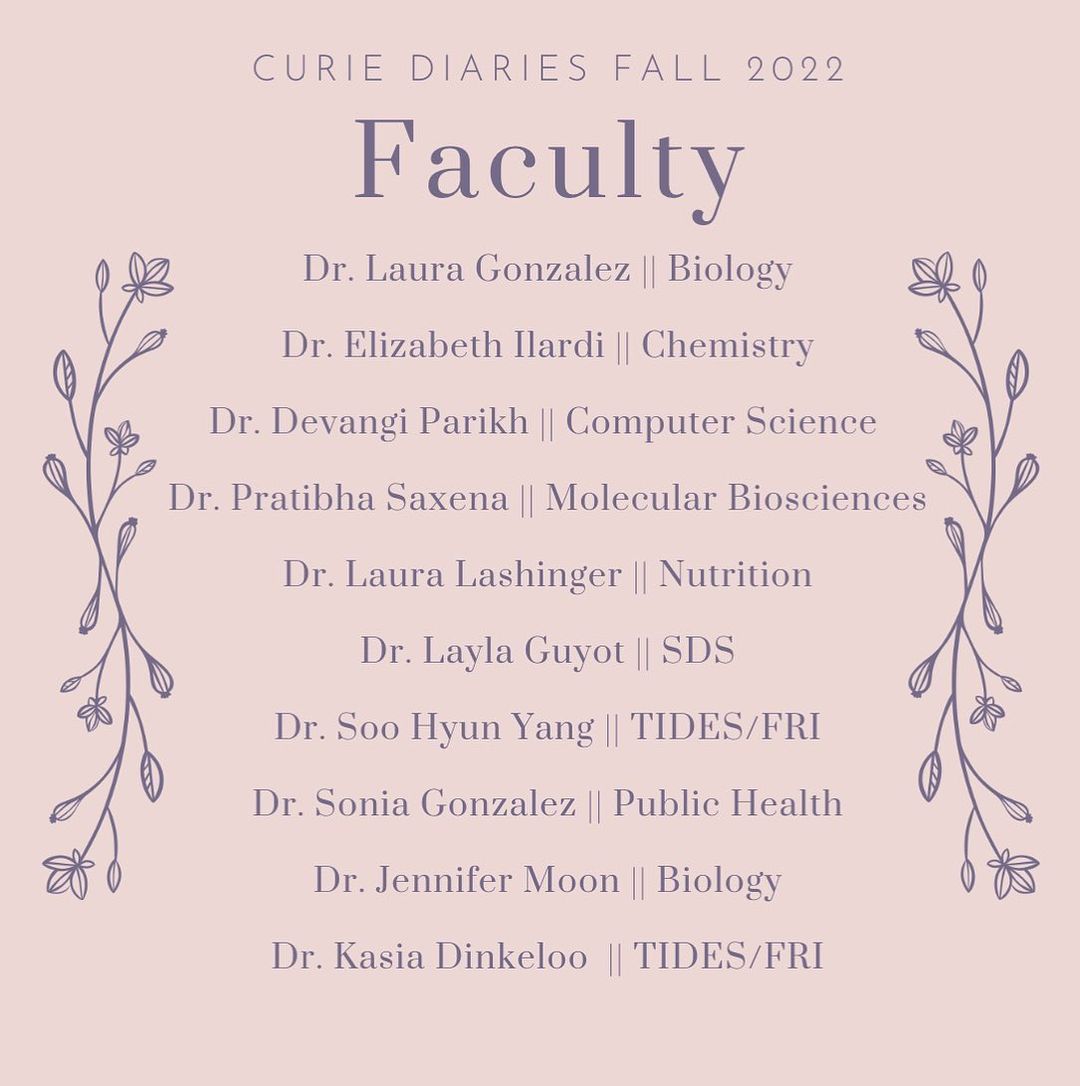 Curie Diaries Fall 2022 • Faculty • Dr. Laura Gonzalez, Biology • Dr. Elizabeth Ilardi, Chemistry • Dr. Devangi Parikh, Computer Science • Dr. Pratibha Saxena, Molecular Biosciences • Dr. Laura Lashinger, Nutrition • Dr. Layla Guyot, SDS • Dr. Soo Hyun Yang, TIDES/FRI • Dr. Sonia Gonzalez, Public Health • Dr. Jennifer Moon, Biology • Dr. Kasia Dinkeloo, TIDES/FRI