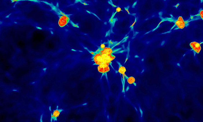 The state of the Universe roughly 200 million years after the Big Bang (13.6 billion years ago), a relatively short cosmic timescale. The orange/red bubbles are regions of hot gas that the first stars created when they ignited. The green streaks are cold cosmic gas that has begun to collapse into dark matter but has not yet formed stars. The structure in the center is destined to become one of the first galaxies with the next hundred million years or so. Credit: Chalence Safranek-Shrader, graduate student